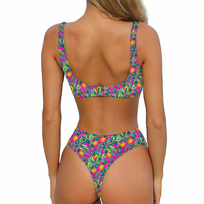 Hot Purple Pineapple Pattern Print Front Bow Tie Bikini