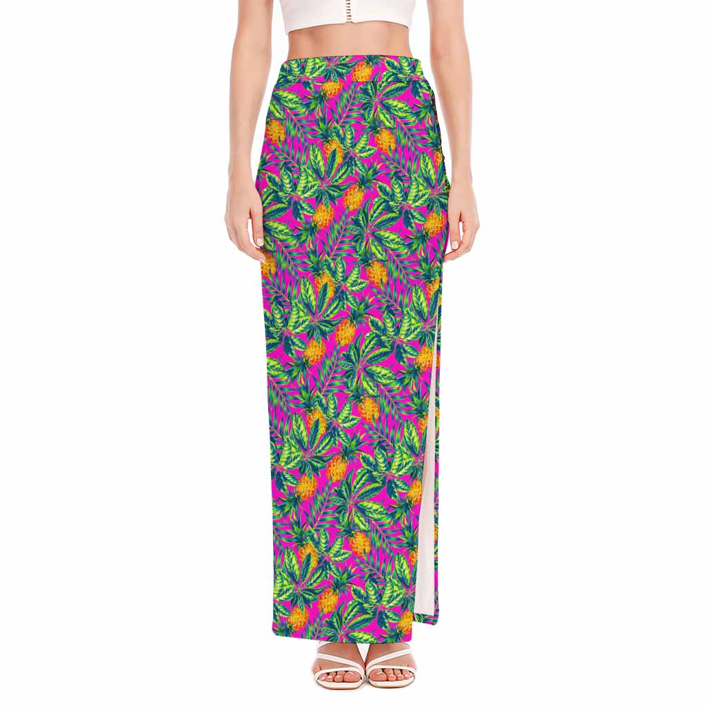Hot Purple Pineapple Pattern Print High Slit Maxi Skirt