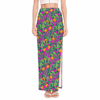 Hot Purple Pineapple Pattern Print High Slit Maxi Skirt