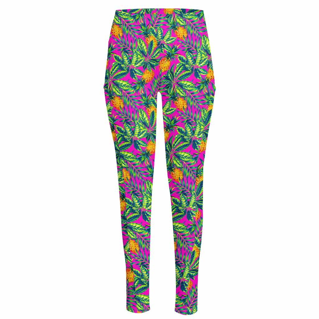 Hot Purple Pineapple Pattern Print High-Waisted Pocket Leggings