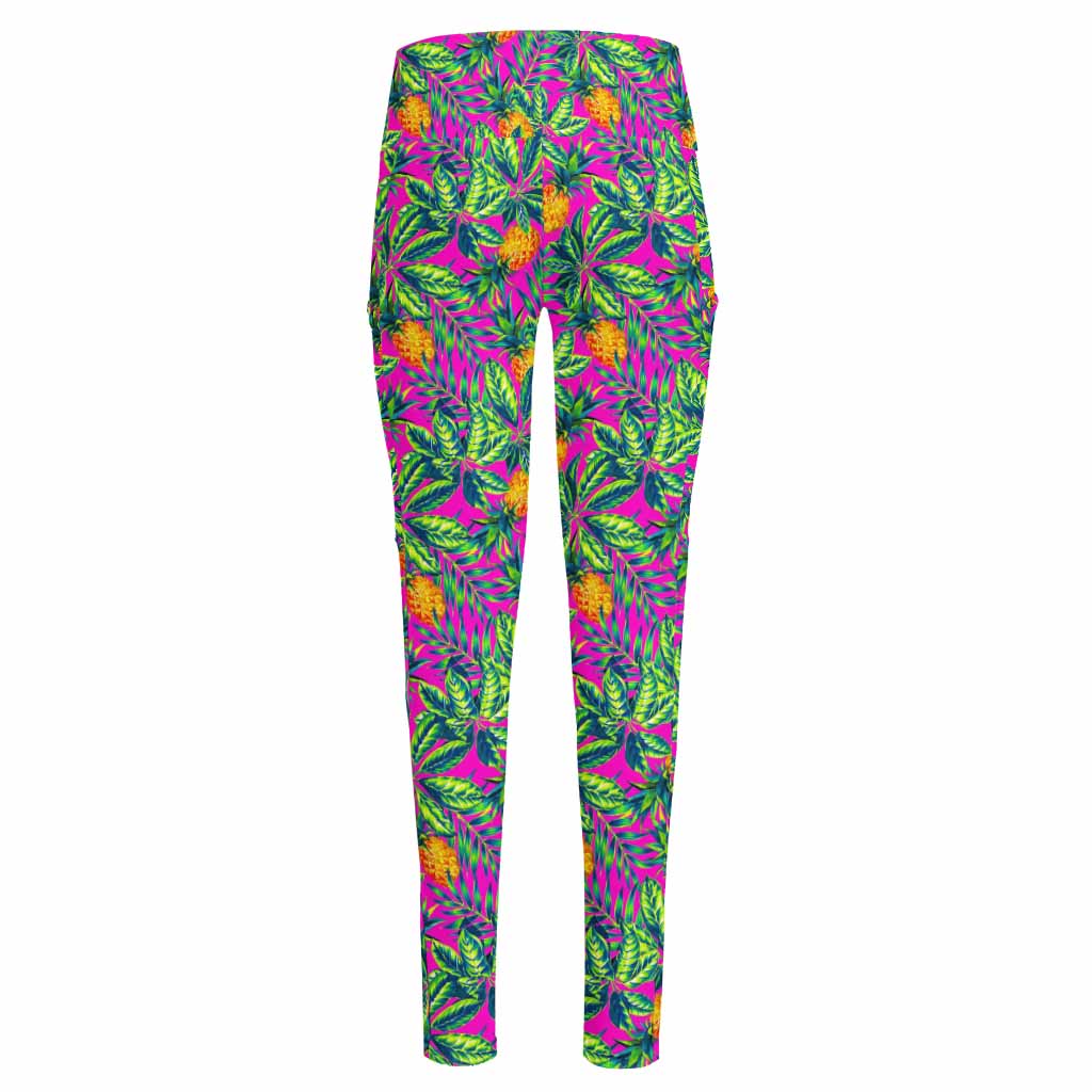 Hot Purple Pineapple Pattern Print High-Waisted Pocket Leggings