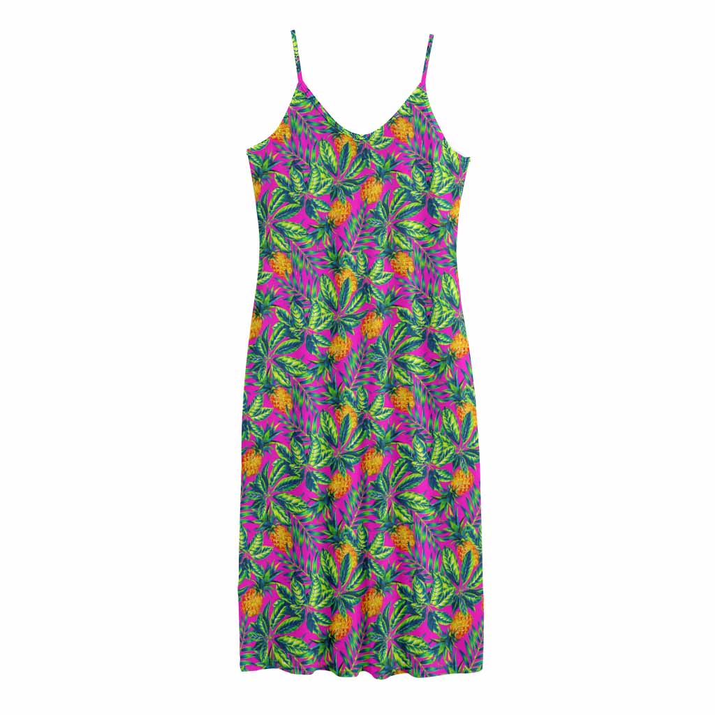 Hot Purple Pineapple Pattern Print Jersey Midi Cami Dress