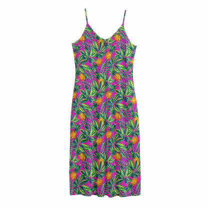 Hot Purple Pineapple Pattern Print Jersey Midi Cami Dress