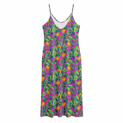 Hot Purple Pineapple Pattern Print Jersey Midi Cami Dress