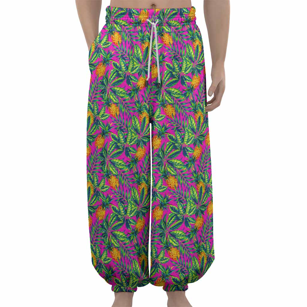 Hot Purple Pineapple Pattern Print Lantern Pants