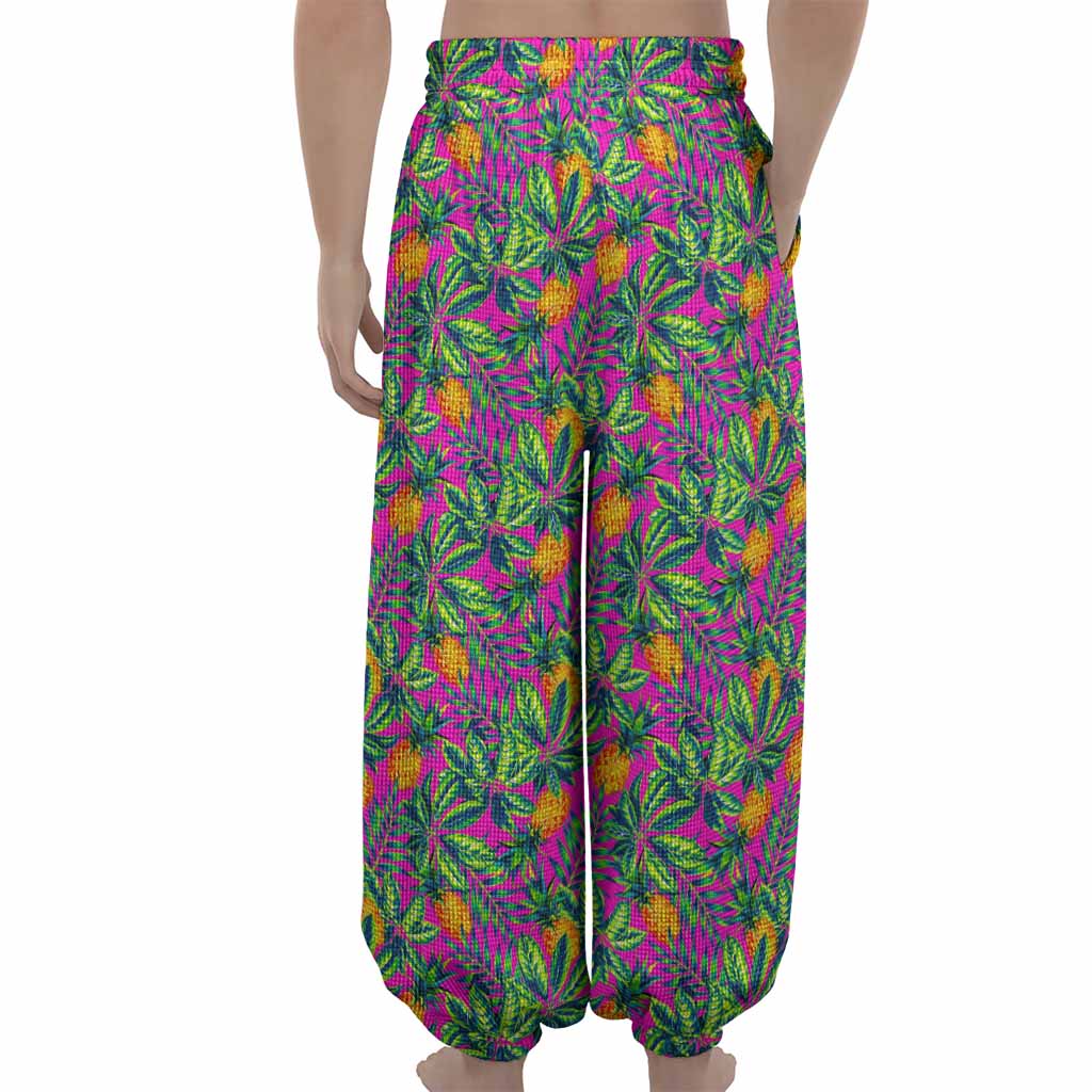 Hot Purple Pineapple Pattern Print Lantern Pants