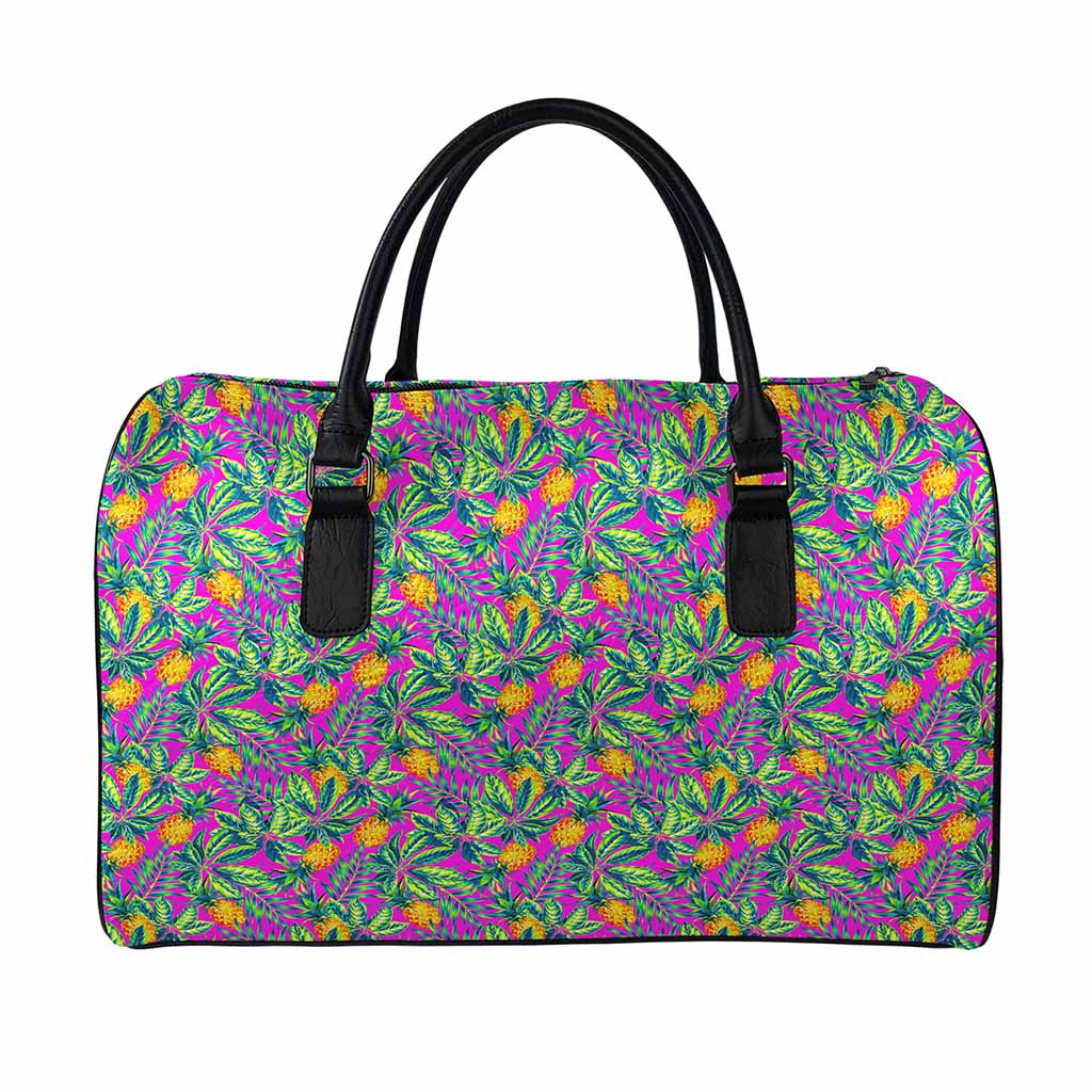 Hot Purple Pineapple Pattern Print Leather Duffle Bag
