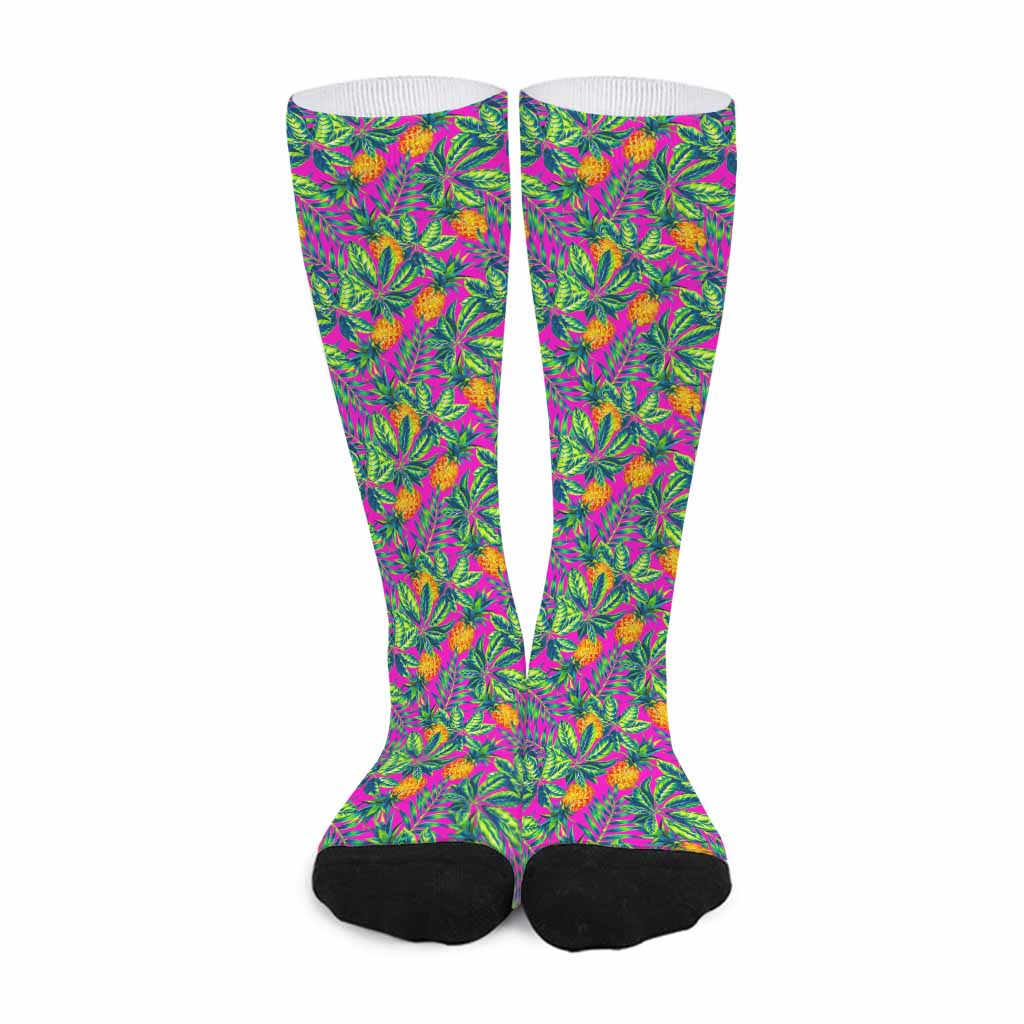 Hot Purple Pineapple Pattern Print Long Socks