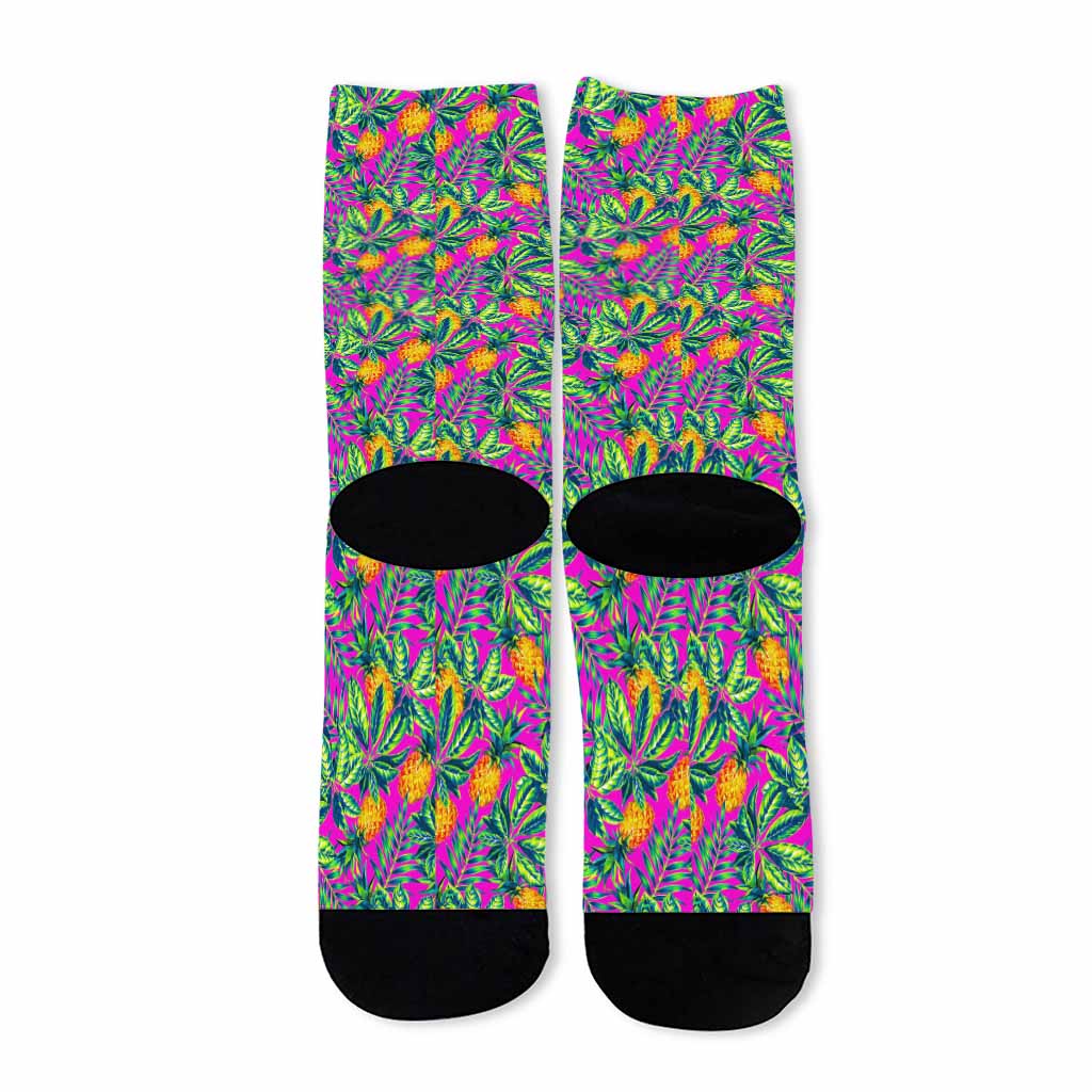 Hot Purple Pineapple Pattern Print Long Socks
