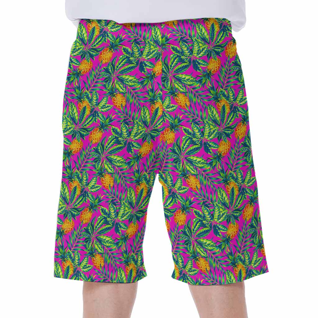 Hot Purple Pineapple Pattern Print Men's Beach Shorts