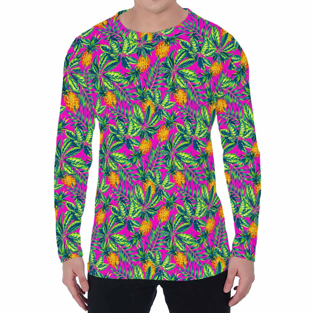 Hot Purple Pineapple Pattern Print Men's Long Sleeve T-Shirt