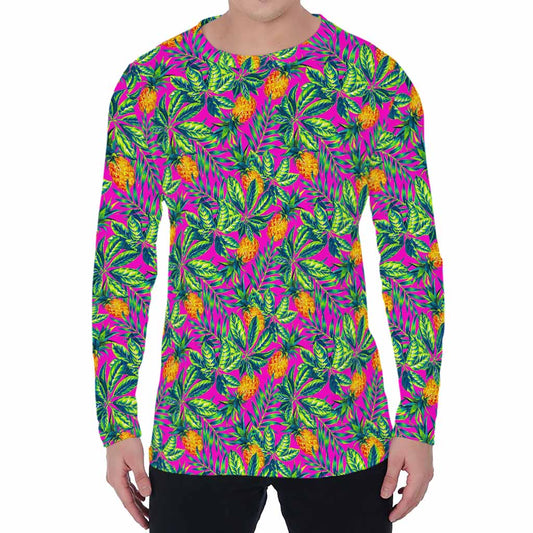 Hot Purple Pineapple Pattern Print Men's Long Sleeve T-Shirt