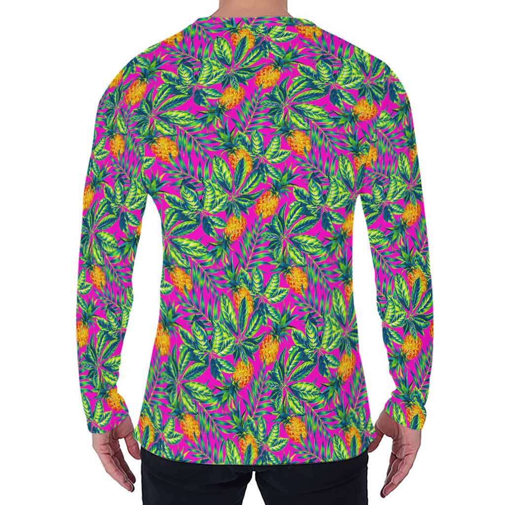 Hot Purple Pineapple Pattern Print Men's Long Sleeve T-Shirt
