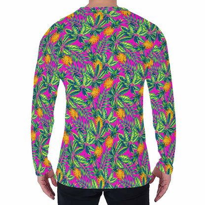 Hot Purple Pineapple Pattern Print Men's Long Sleeve T-Shirt