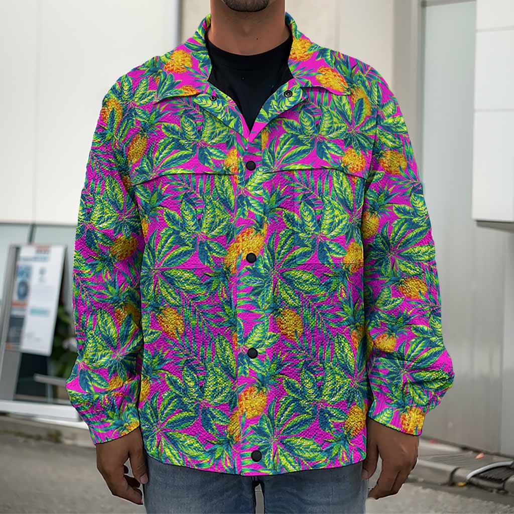 Hot Purple Pineapple Pattern Print Men's Shirt Jacket