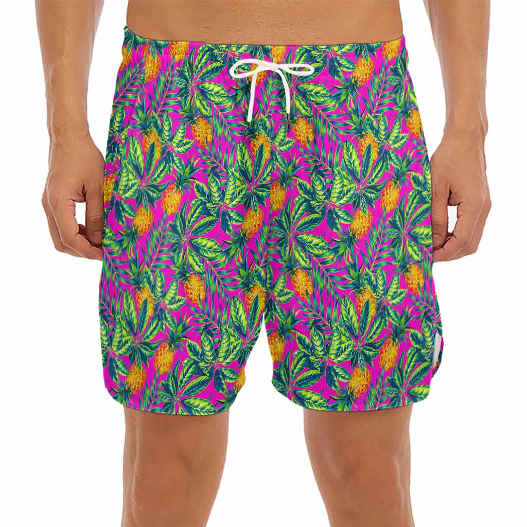 Hot Purple Pineapple Pattern Print Men's Split Running Shorts