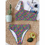 Hot Purple Pineapple Pattern Print One Shoulder Bikini Top