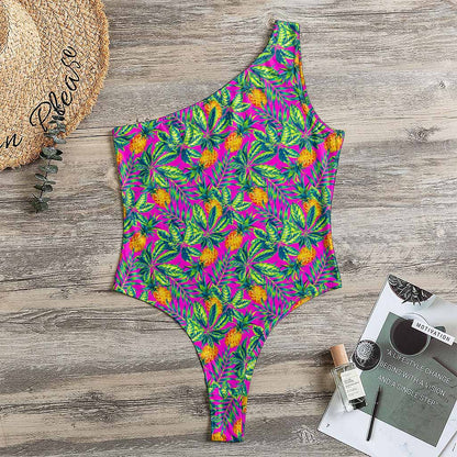 Hot Purple Pineapple Pattern Print One Shoulder Bodysuit