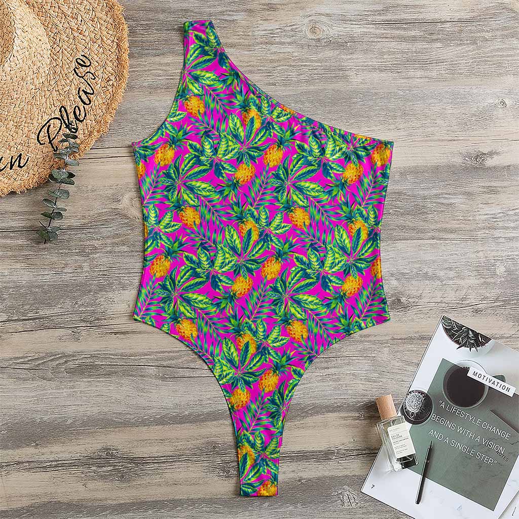 Hot Purple Pineapple Pattern Print One Shoulder Bodysuit