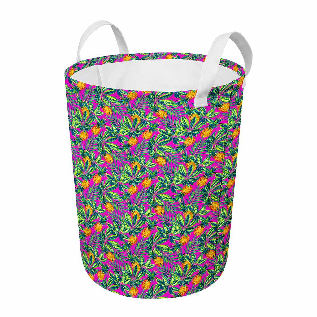 Hot Purple Pineapple Pattern Print Round Laundry Basket