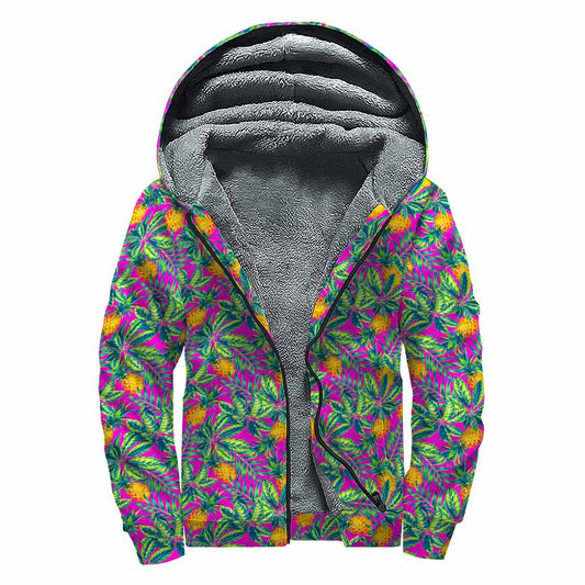 Hot Purple Pineapple Pattern Print Sherpa Lined Zip Up Hoodie