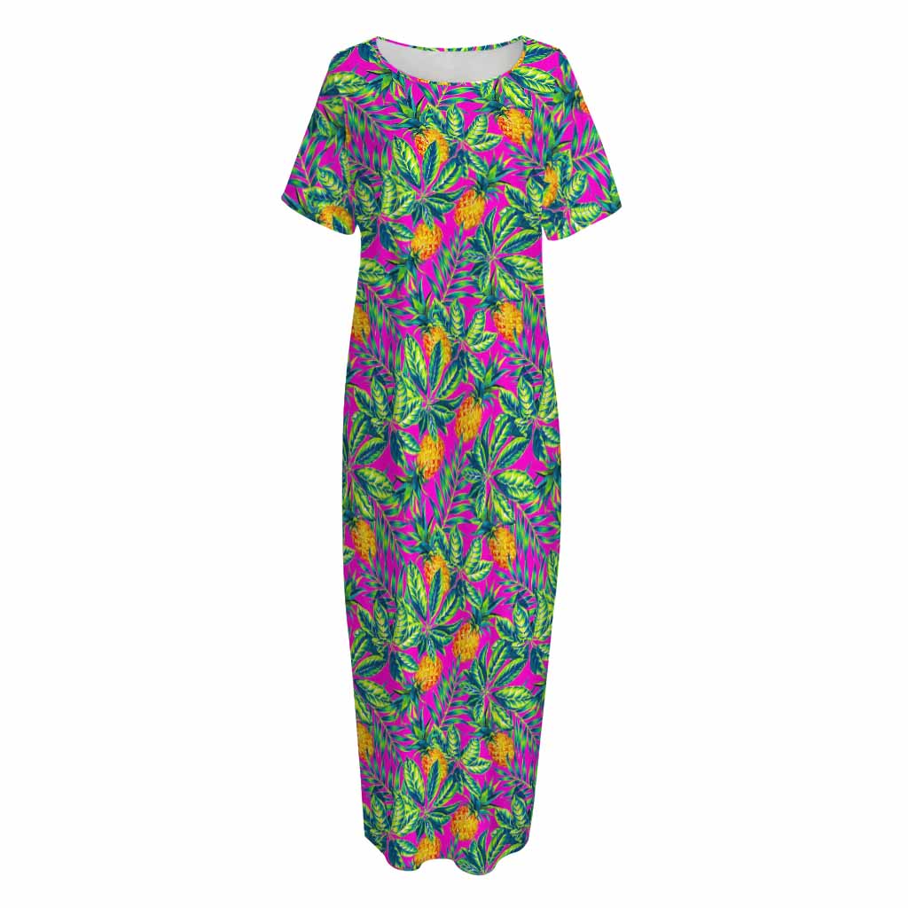 Hot Purple Pineapple Pattern Print Short Sleeve Long Nightdress