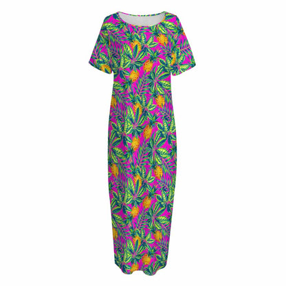 Hot Purple Pineapple Pattern Print Short Sleeve Long Nightdress