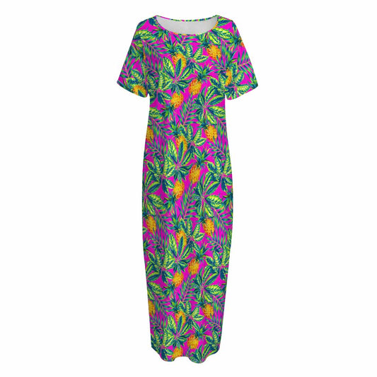 Hot Purple Pineapple Pattern Print Short Sleeve Long Nightdress