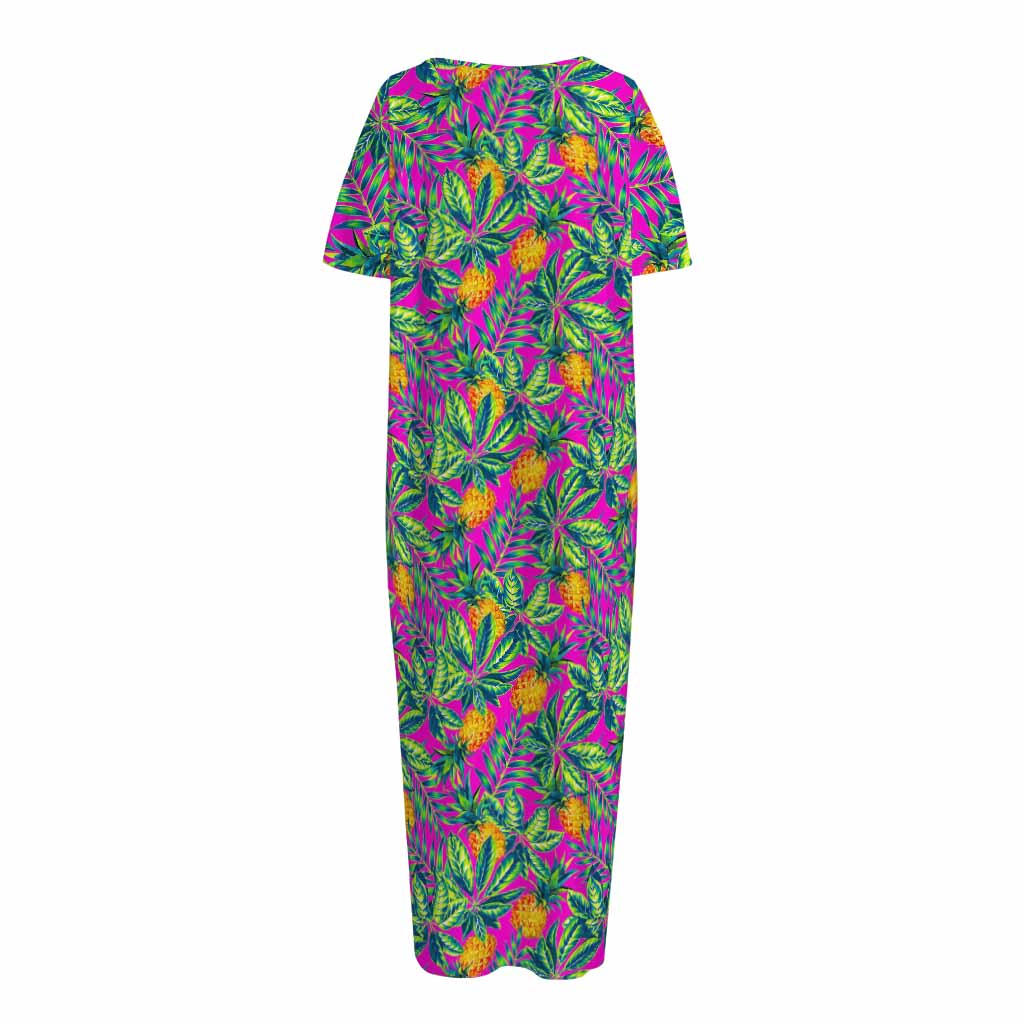 Hot Purple Pineapple Pattern Print Short Sleeve Long Nightdress