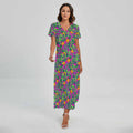 Hot Purple Pineapple Pattern Print Short Sleeve Maxi Dress