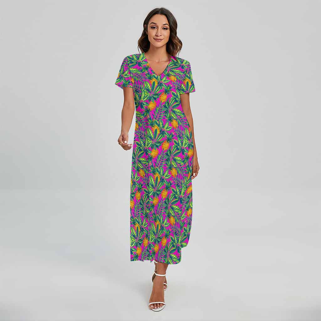 Hot Purple Pineapple Pattern Print Short Sleeve Maxi Dress