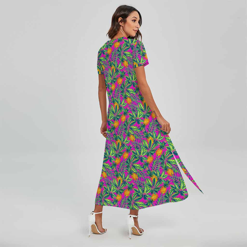 Hot Purple Pineapple Pattern Print Short Sleeve Maxi Dress