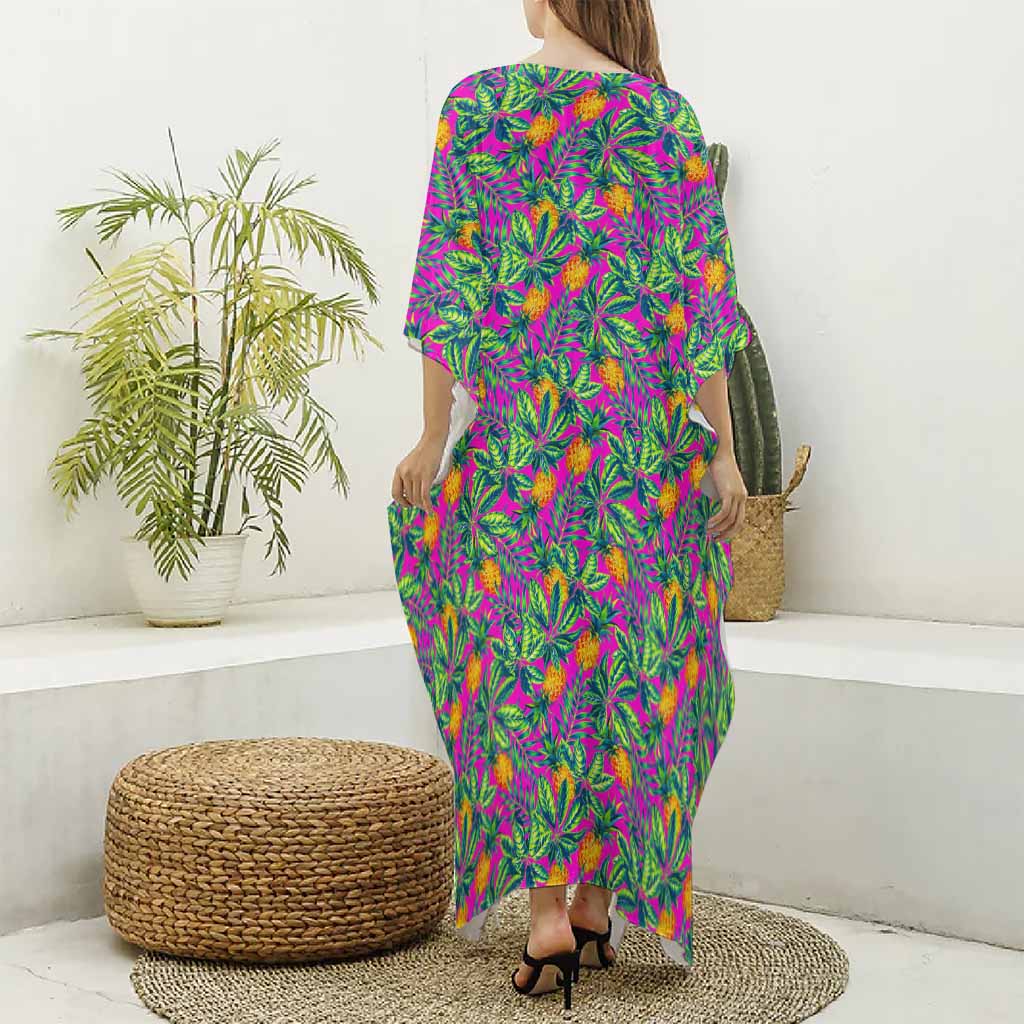 Hot Purple Pineapple Pattern Print Silk V-Neck Kaftan Dress