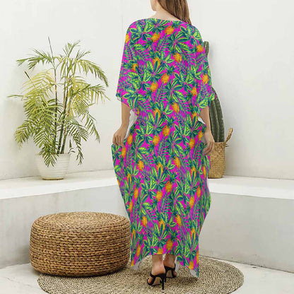 Hot Purple Pineapple Pattern Print Silk V-Neck Kaftan Dress