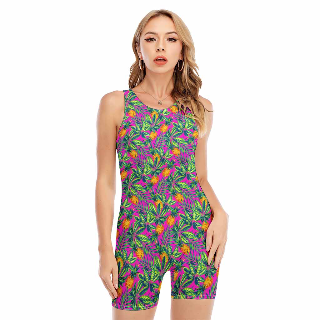 Hot Purple Pineapple Pattern Print Sleeveless One Piece Swimsuit
