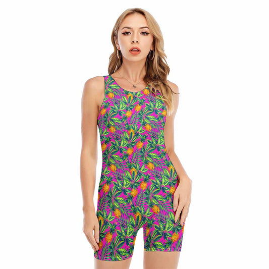 Hot Purple Pineapple Pattern Print Sleeveless One Piece Swimsuit
