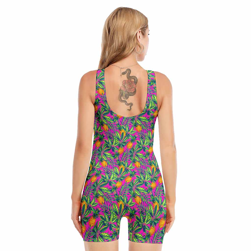 Hot Purple Pineapple Pattern Print Sleeveless One Piece Swimsuit