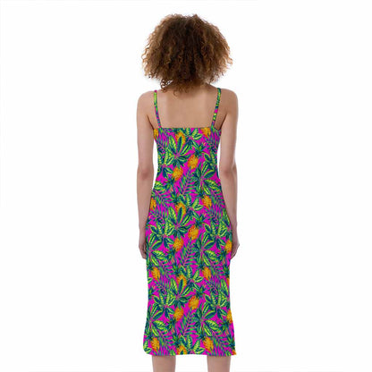 Hot Purple Pineapple Pattern Print Slim Fit Midi Cami Dress