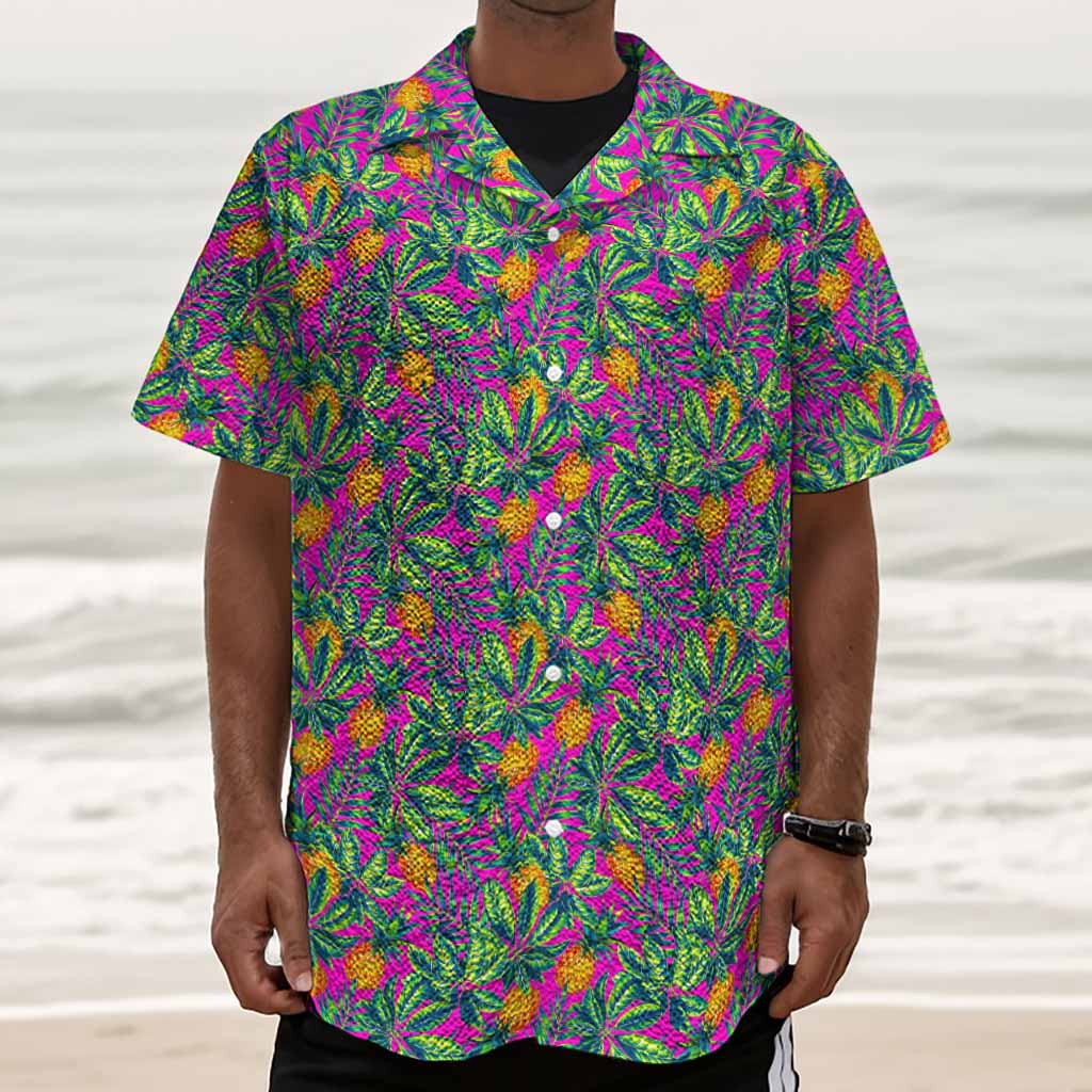 Hot Purple Pineapple Pattern Print Textured Short Sleeve Shirt