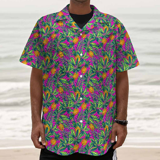 Hot Purple Pineapple Pattern Print Textured Short Sleeve Shirt