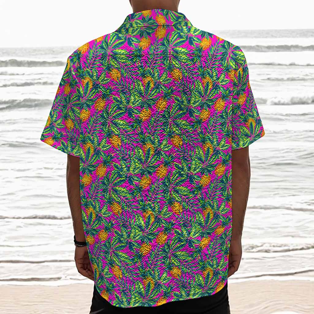Hot Purple Pineapple Pattern Print Textured Short Sleeve Shirt