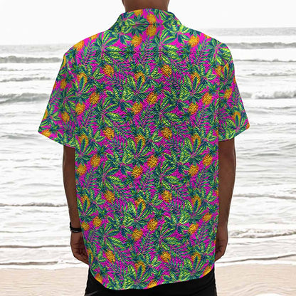 Hot Purple Pineapple Pattern Print Textured Short Sleeve Shirt