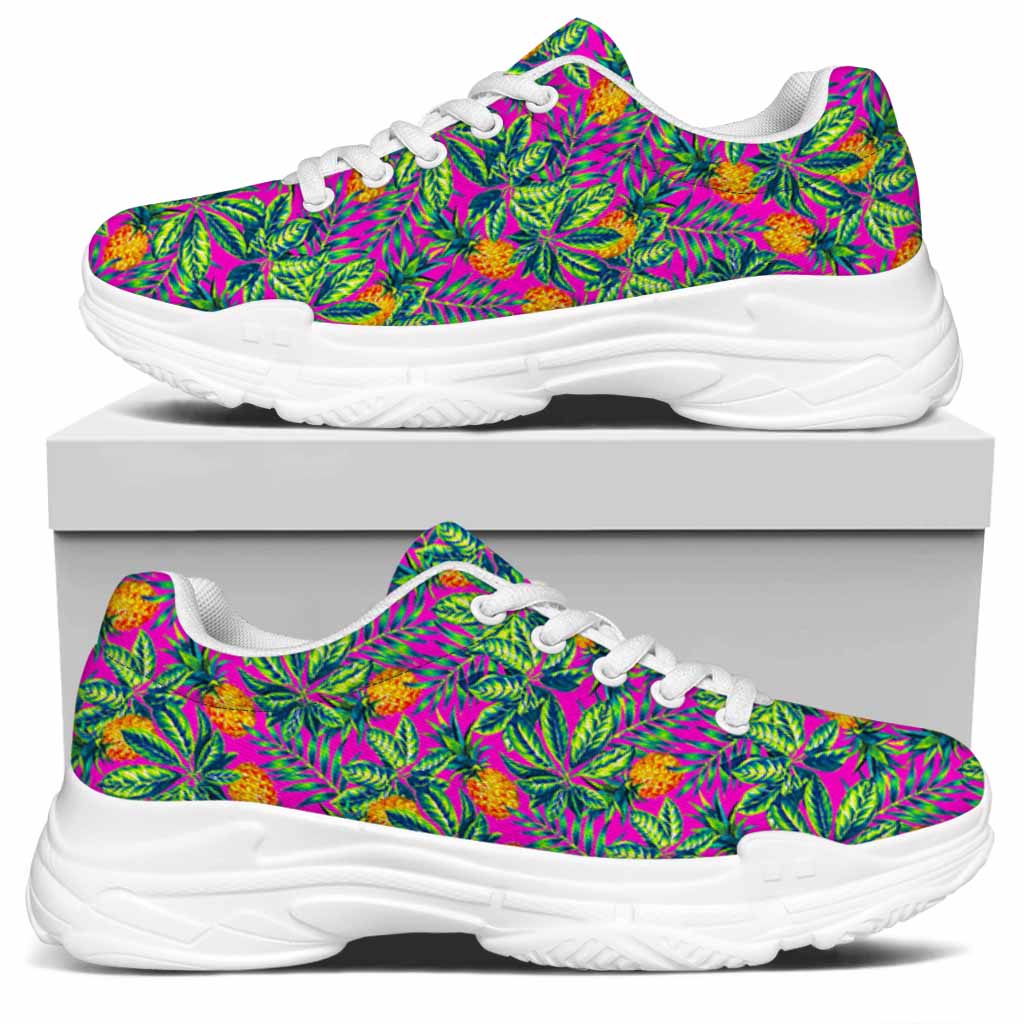 Hot Purple Pineapple Pattern Print White Chunky Shoes