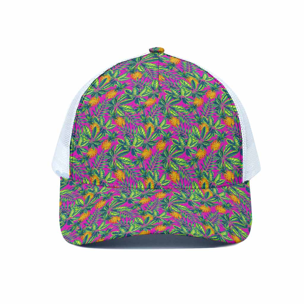 Hot Purple Pineapple Pattern Print White Mesh Trucker Cap