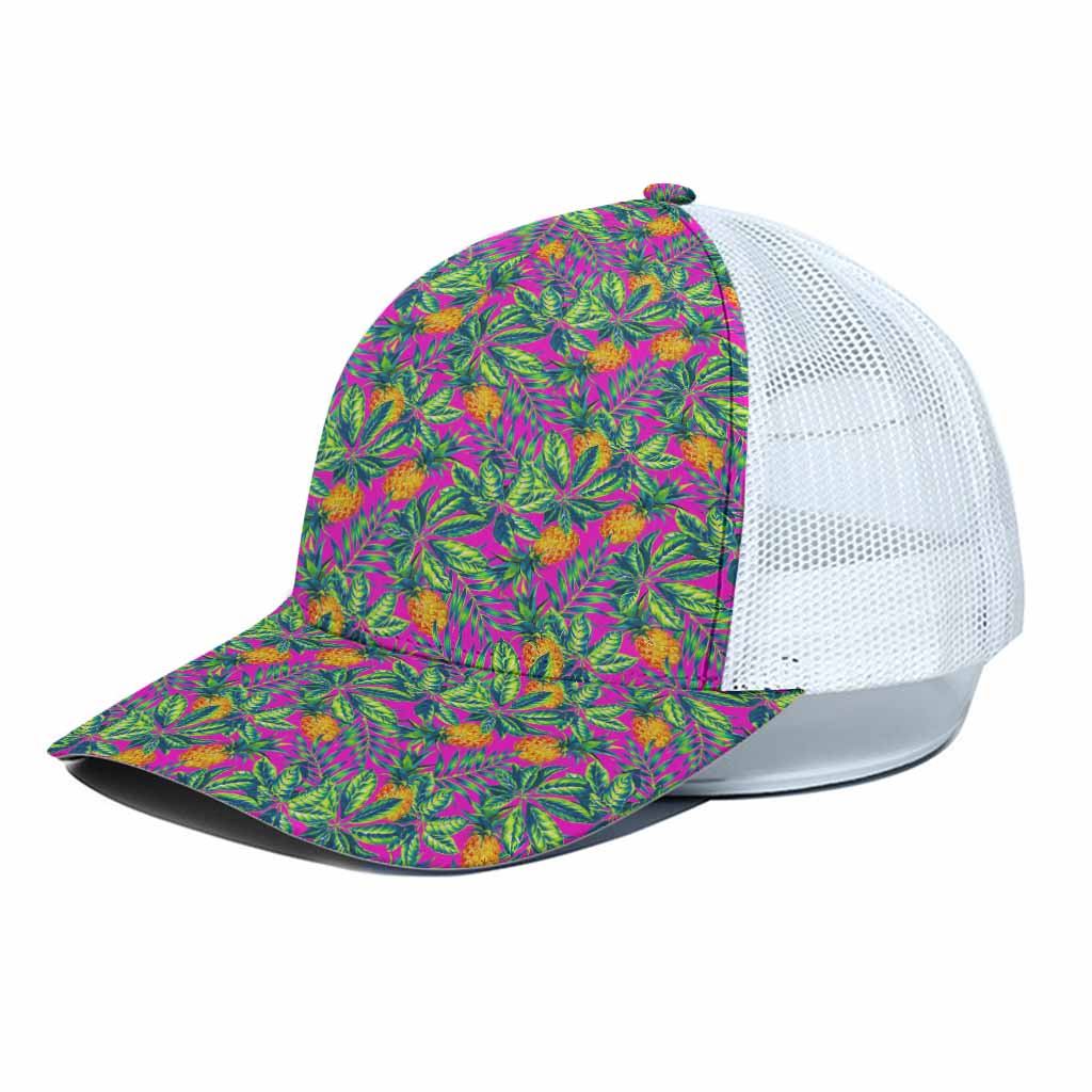 Hot Purple Pineapple Pattern Print White Mesh Trucker Cap
