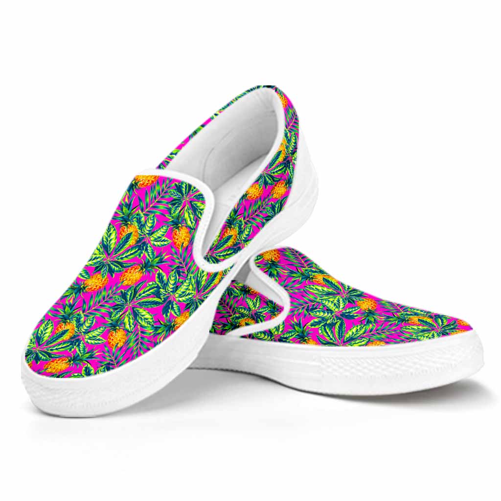 Hot Purple Pineapple Pattern Print White Slip On Sneakers