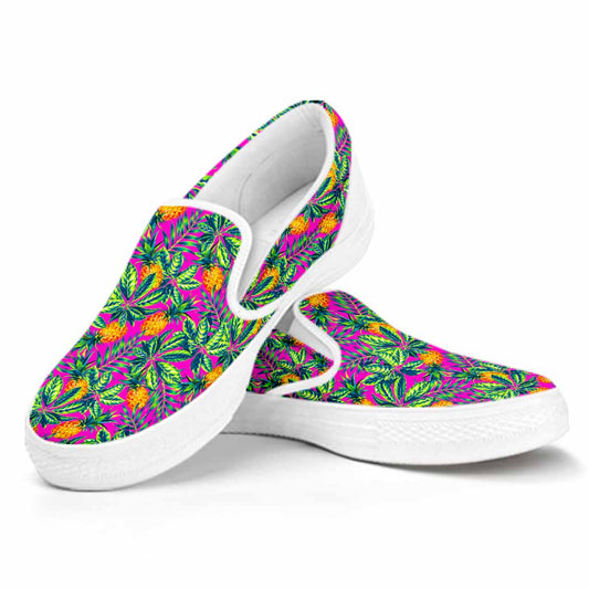 Hot Purple Pineapple Pattern Print White Slip On Sneakers