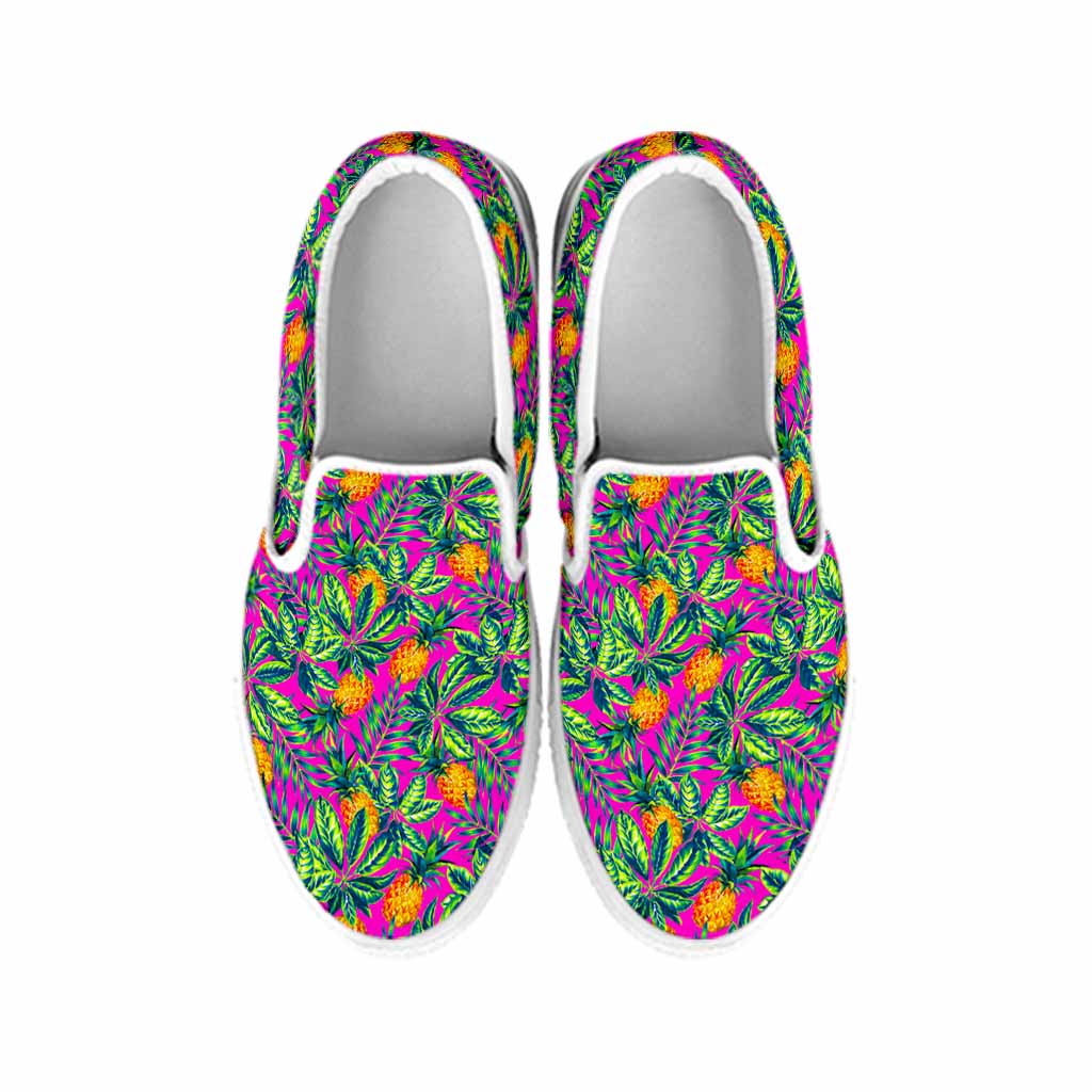 Hot Purple Pineapple Pattern Print White Slip On Sneakers
