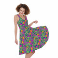 Hot Purple Pineapple Pattern Print Sleeveless Knee Length Dress