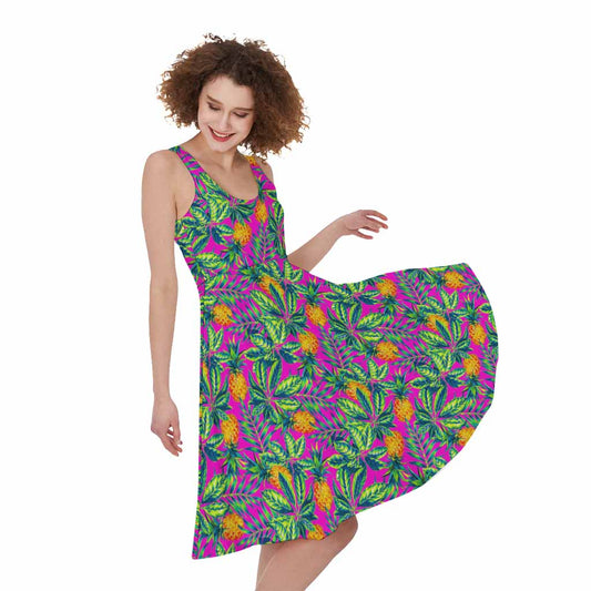 Hot Purple Pineapple Pattern Print Women's Sleeveless Dress